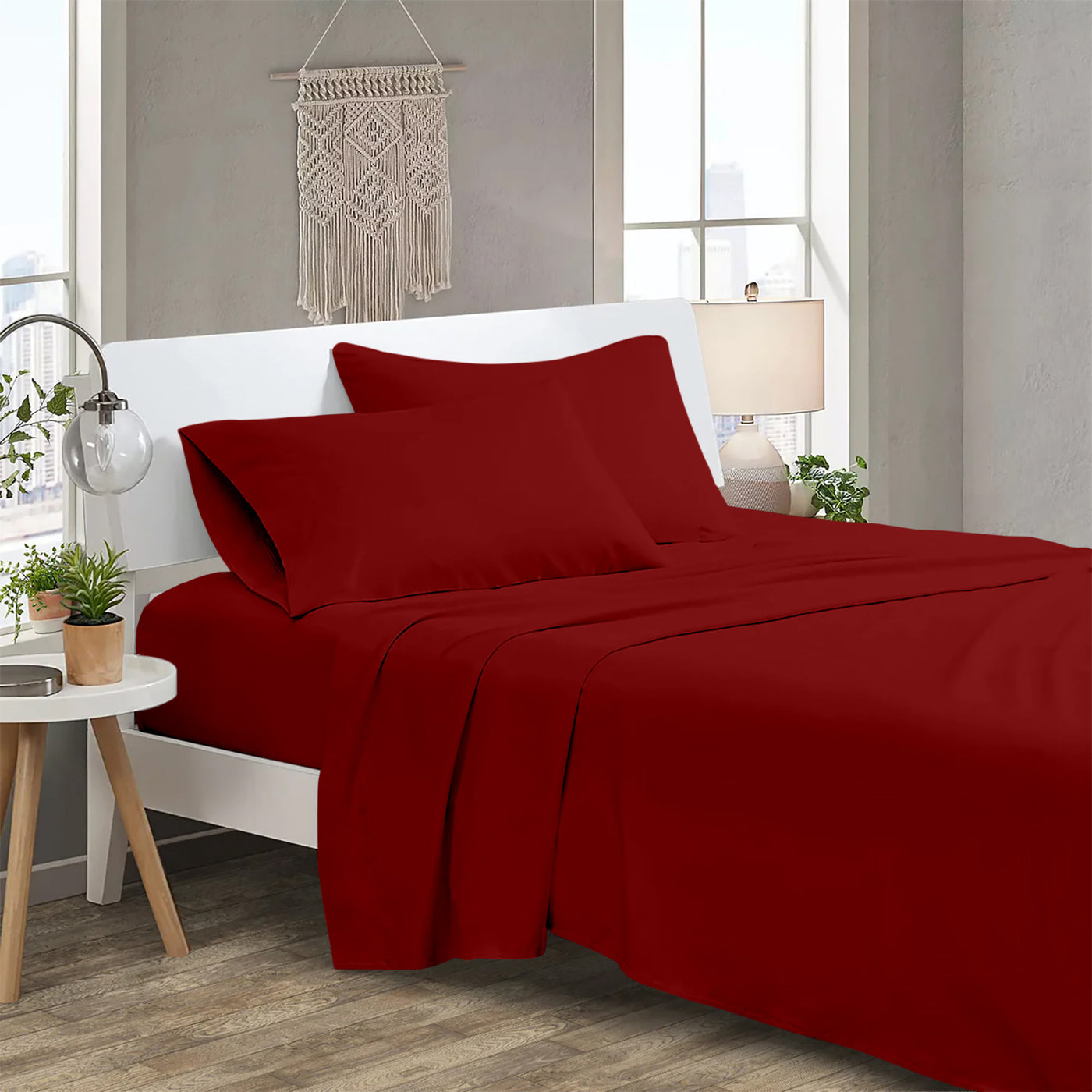 300 TC Egyptian Cotton 3 Piece Solid Flat Bed Sheet - Blood Red