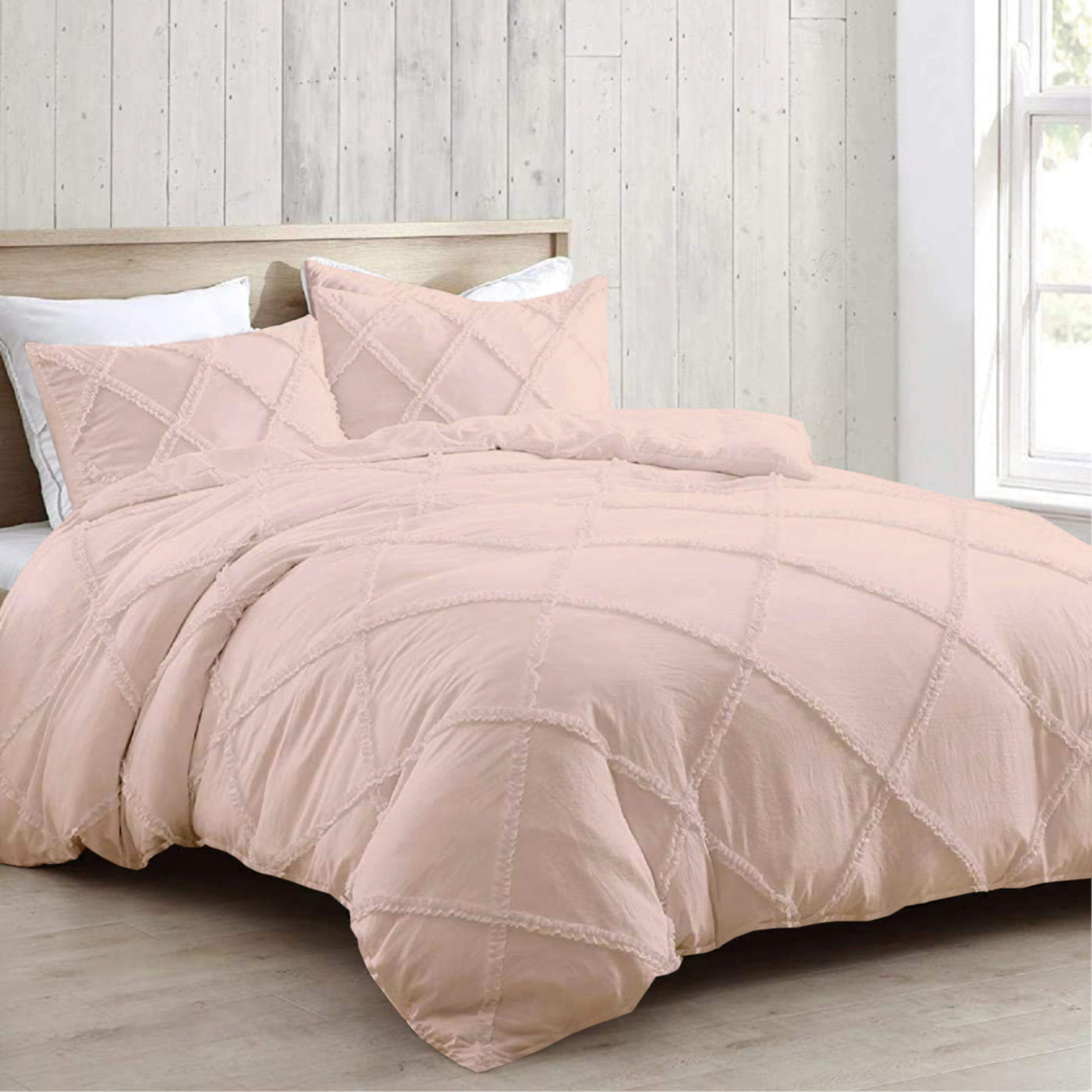 Cross Diamond Ruffle 300 TC Egyptian Cotton Duvet Cover Set - Blush