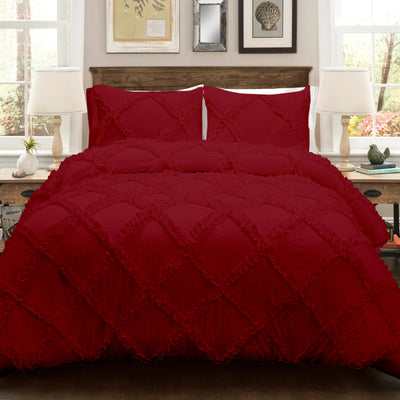 Cross Diamond Ruffle 300 TC Egyptian Cotton Duvet Cover Set - Burgundy