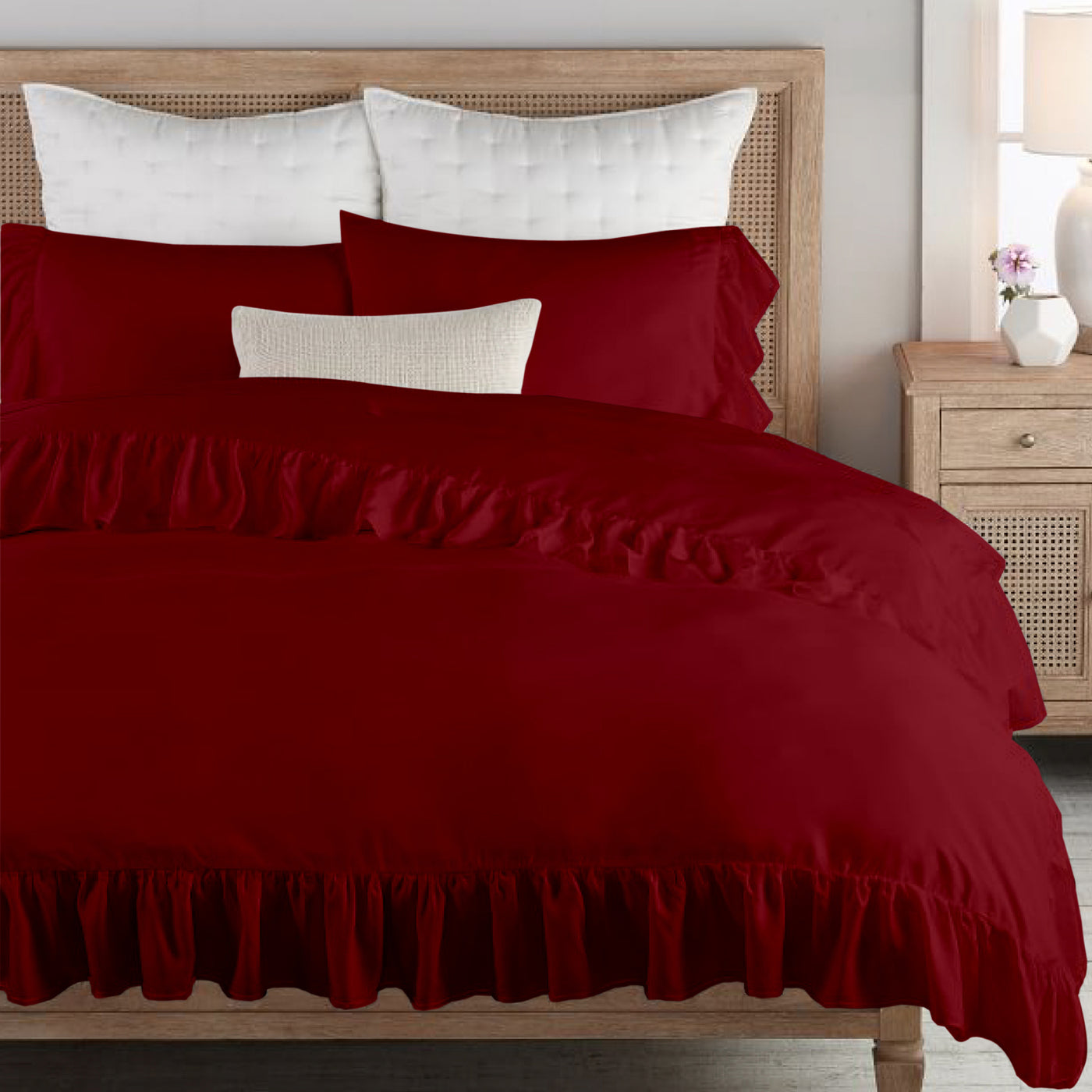 Ruffle Trim 300 TC Egyptian Cotton Duvet Cover Set - Burgundy