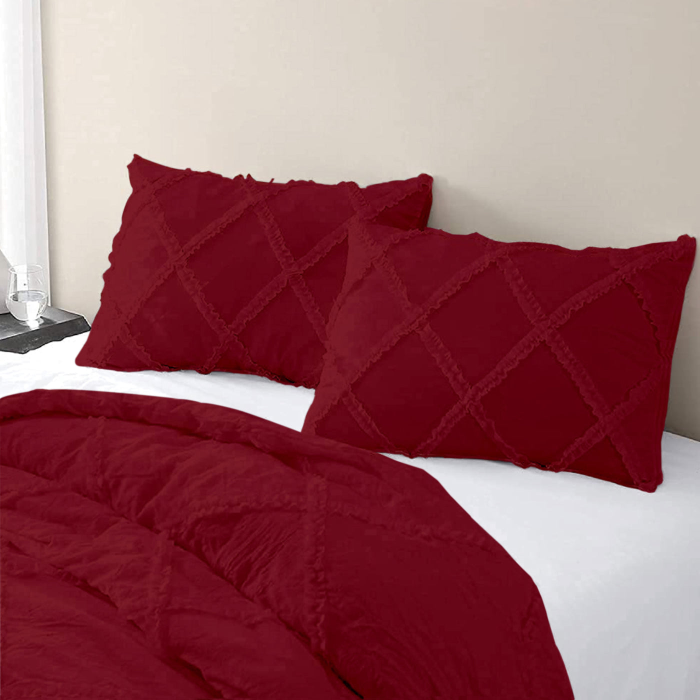 Cross Diamond Ruffle 300 TC Egyptian Cotton Duvet Cover Set - Burgundy