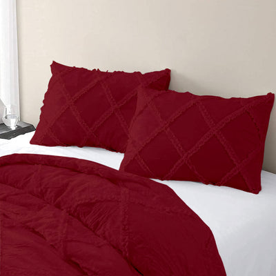 Cross Diamond Ruffle 300 TC Egyptian Cotton Duvet Cover Set - Burgundy