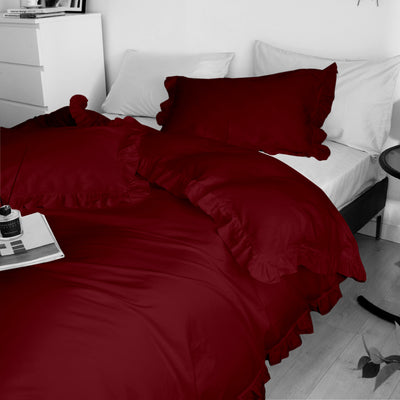 Ruffle Trim 300 TC Egyptian Cotton Duvet Cover Set - Burgundy