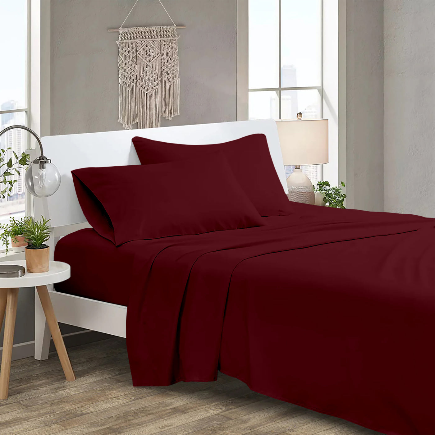 300 TC Egyptian Cotton 3 Piece Solid Flat Bed Sheet - Burgundy