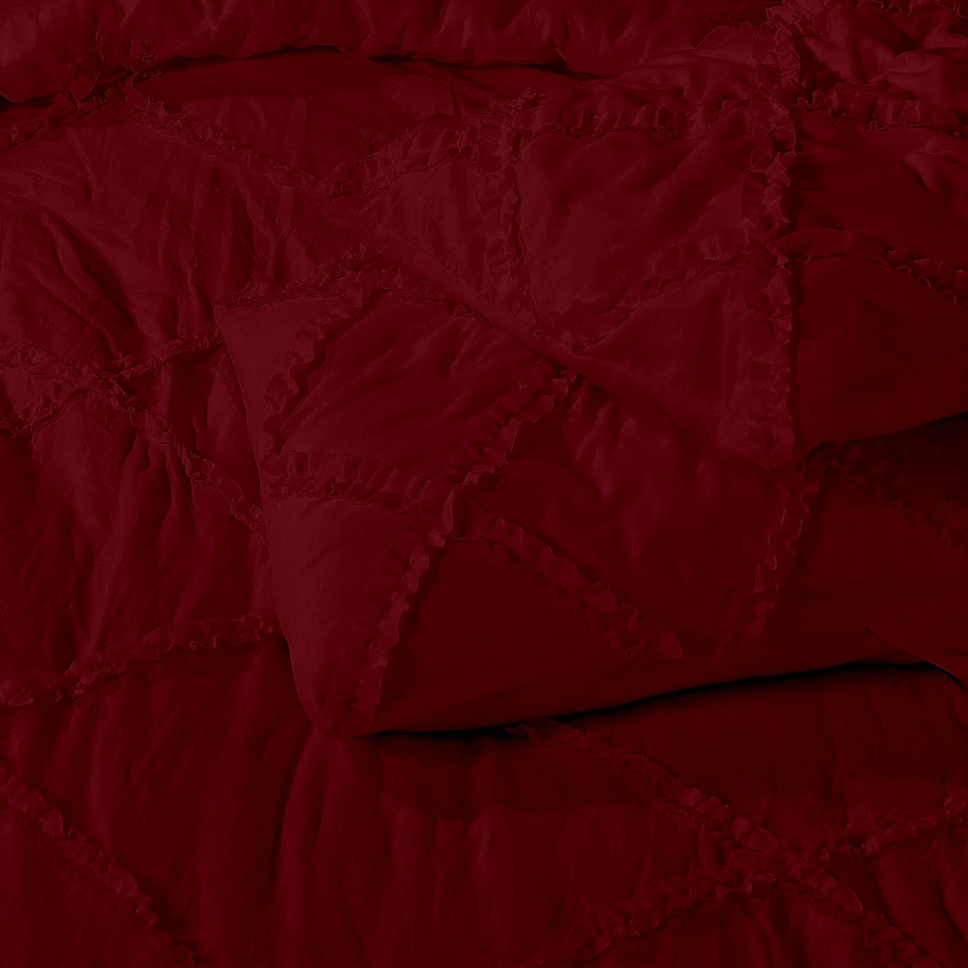 Cross Diamond Ruffle 300 TC Egyptian Cotton Duvet Cover Set - Burgundy