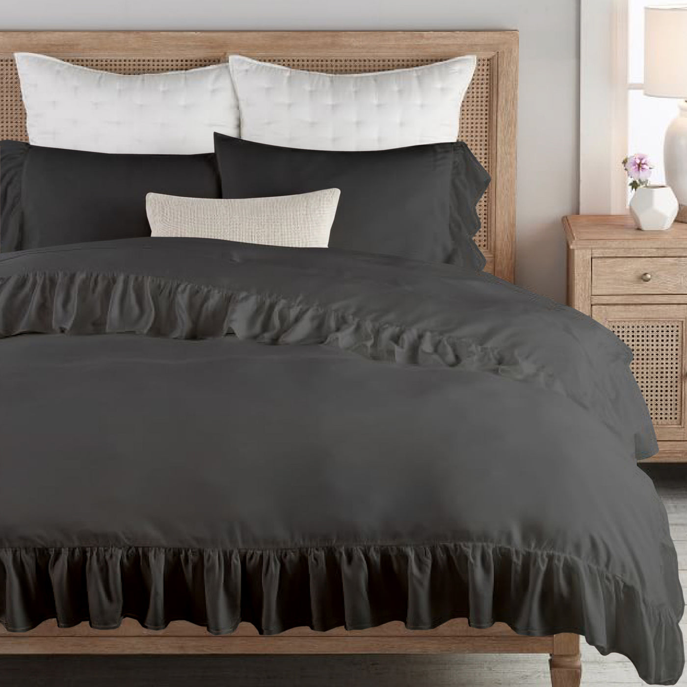 Ruffle Trim 300 TC Egyptian Cotton Duvet Cover Set - Grey