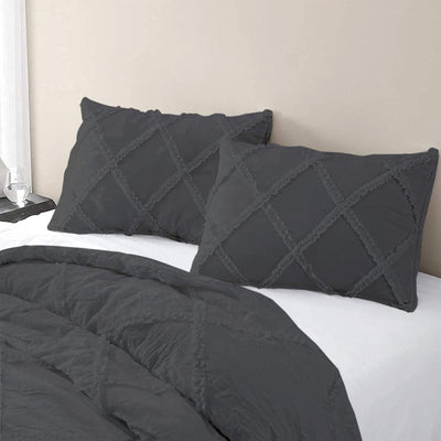 Cross Diamond Ruffle 300 TC Egyptian Cotton Duvet Cover Set - Grey