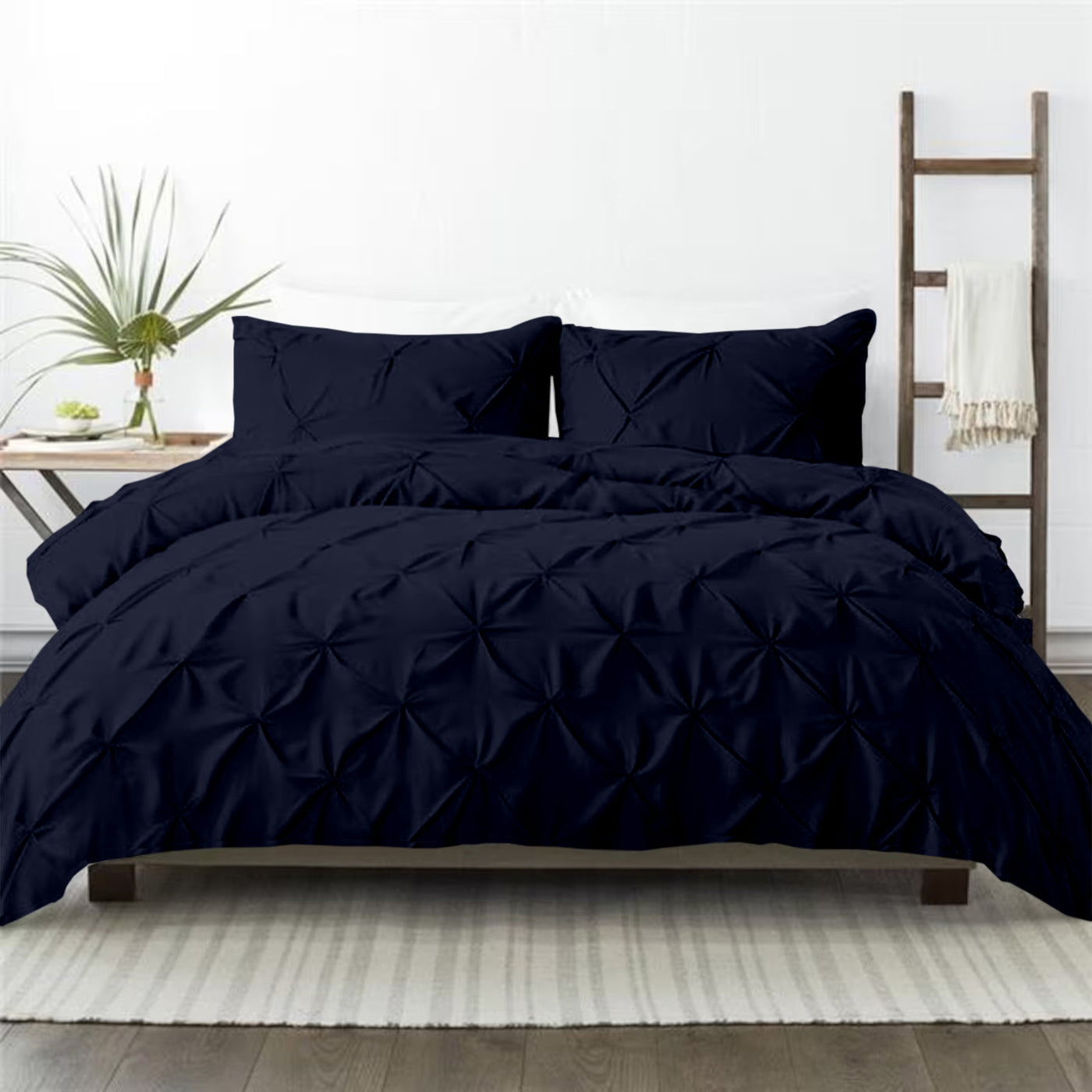 Pinch Pleated Down Alternative Quilt 300 TC Egyptian Cotton Exterior With 2 Pillow Covers - Navy Blue