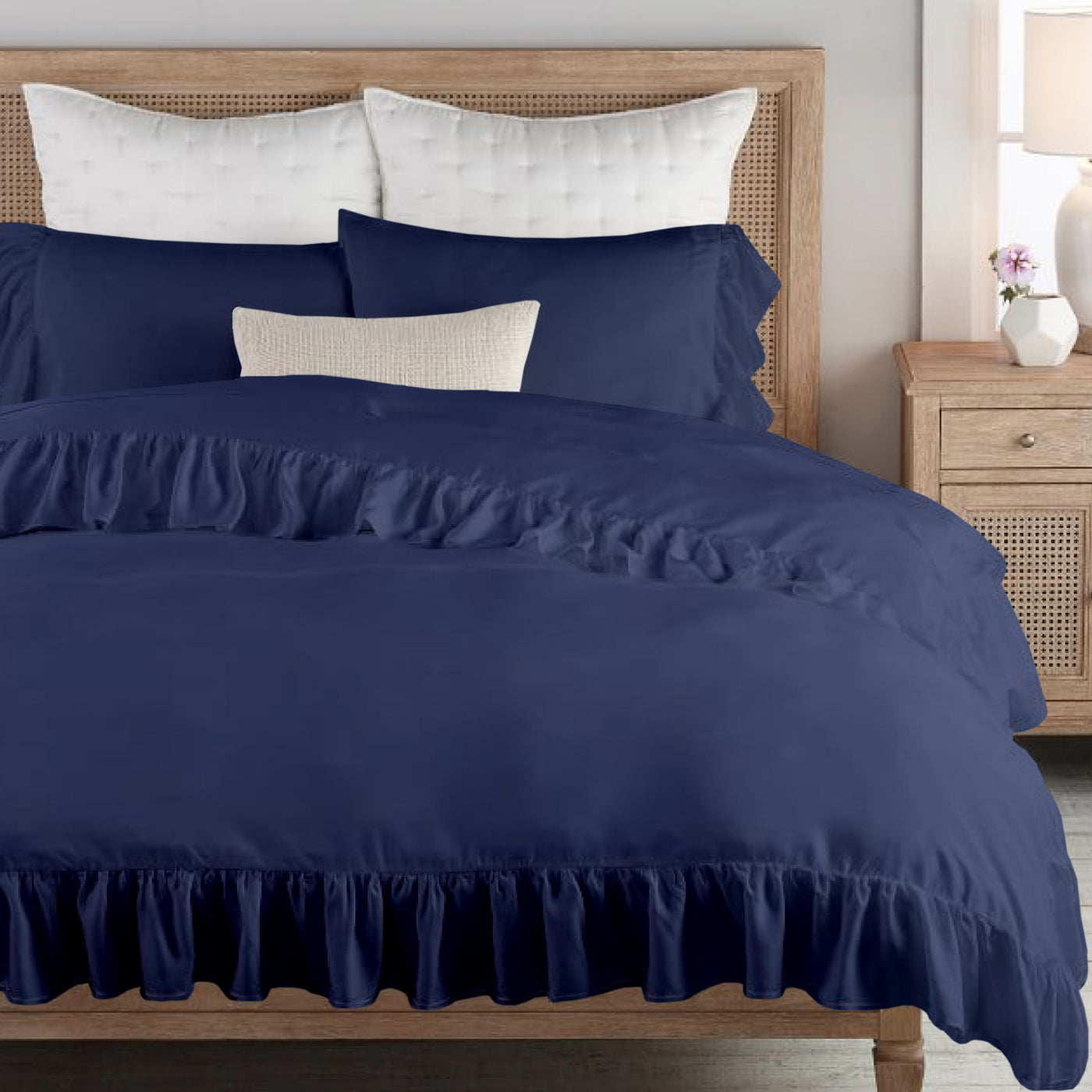 Ruffle Trim 300 TC Egyptian Cotton Duvet Cover Set - Navy Blue