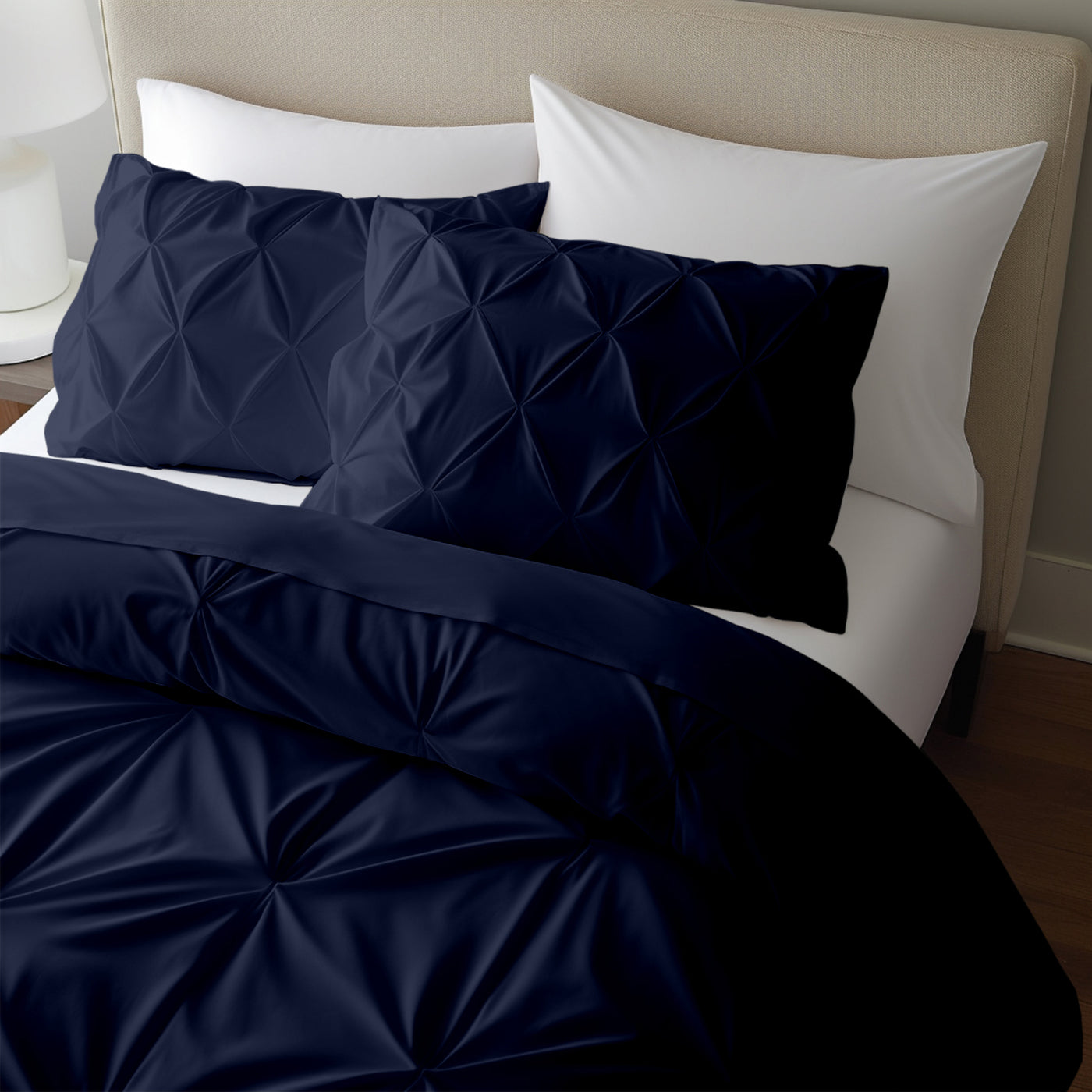 Pinch Pleated 300 TC Egyptian Cotton Duvet Cover Set - Navy Blue