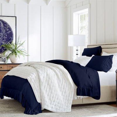 Ruffle Trim 300 TC Egyptian Cotton Duvet Cover Set - Navy Blue