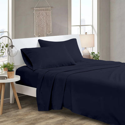 300 TC Egyptian Cotton 3 Piece Solid Flat Bed Sheet - Navy Blue