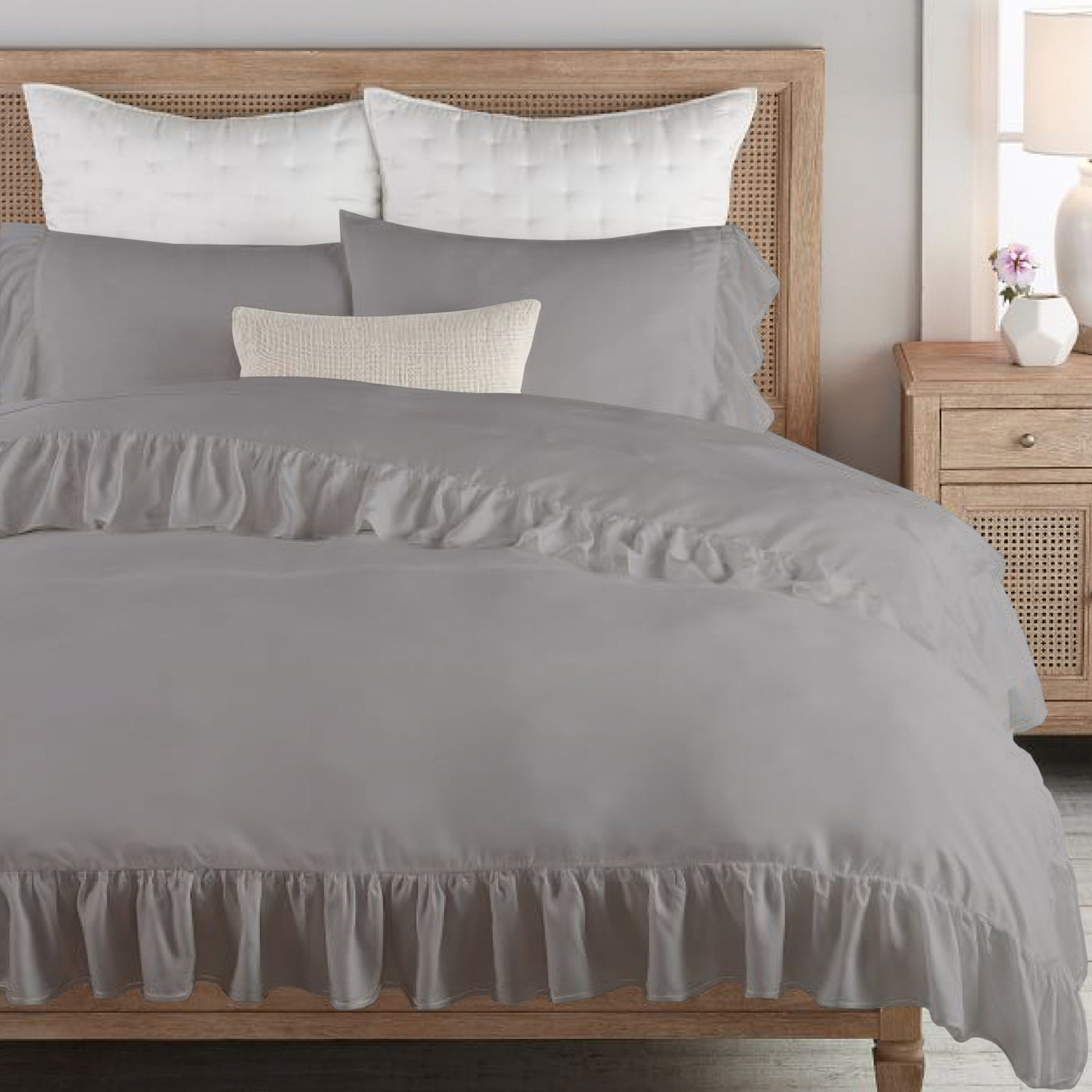 Ruffle Trim 300 TC Egyptian Cotton Duvet Cover Set - Silver