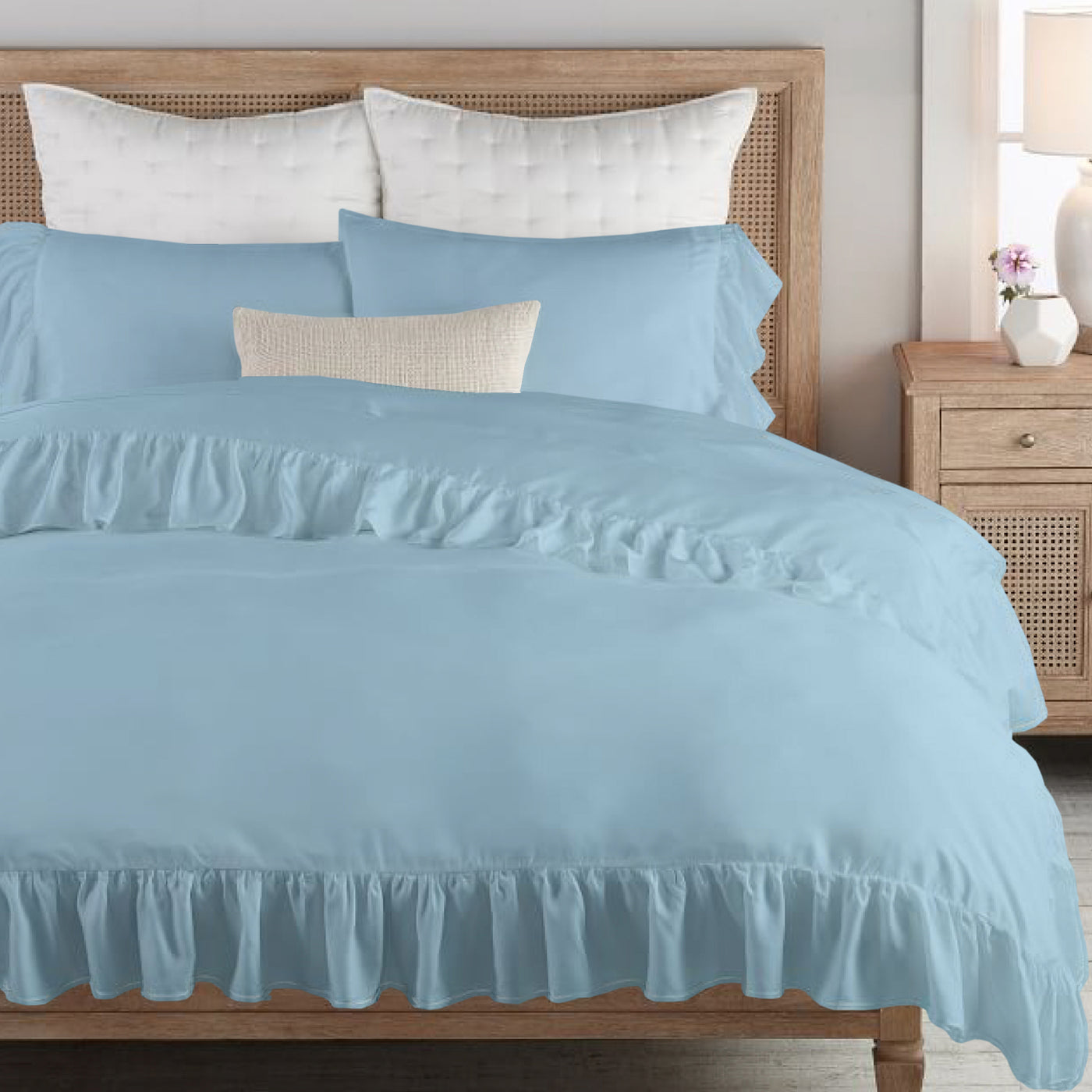 Ruffle Trim 300 TC Egyptian Cotton Duvet Cover Set - Sky Blue