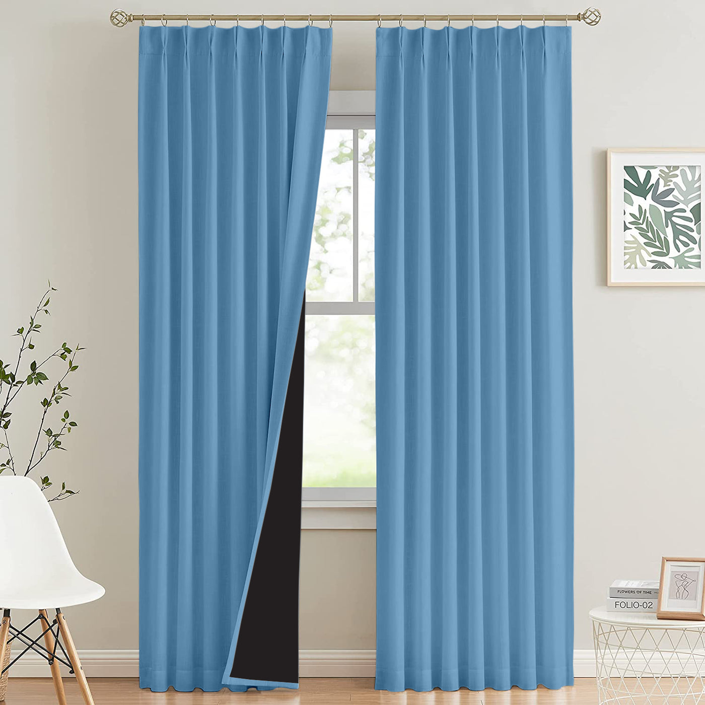 Double Pinch Pleat 100% Blackout Curtain 1 Piece - Sky Blue