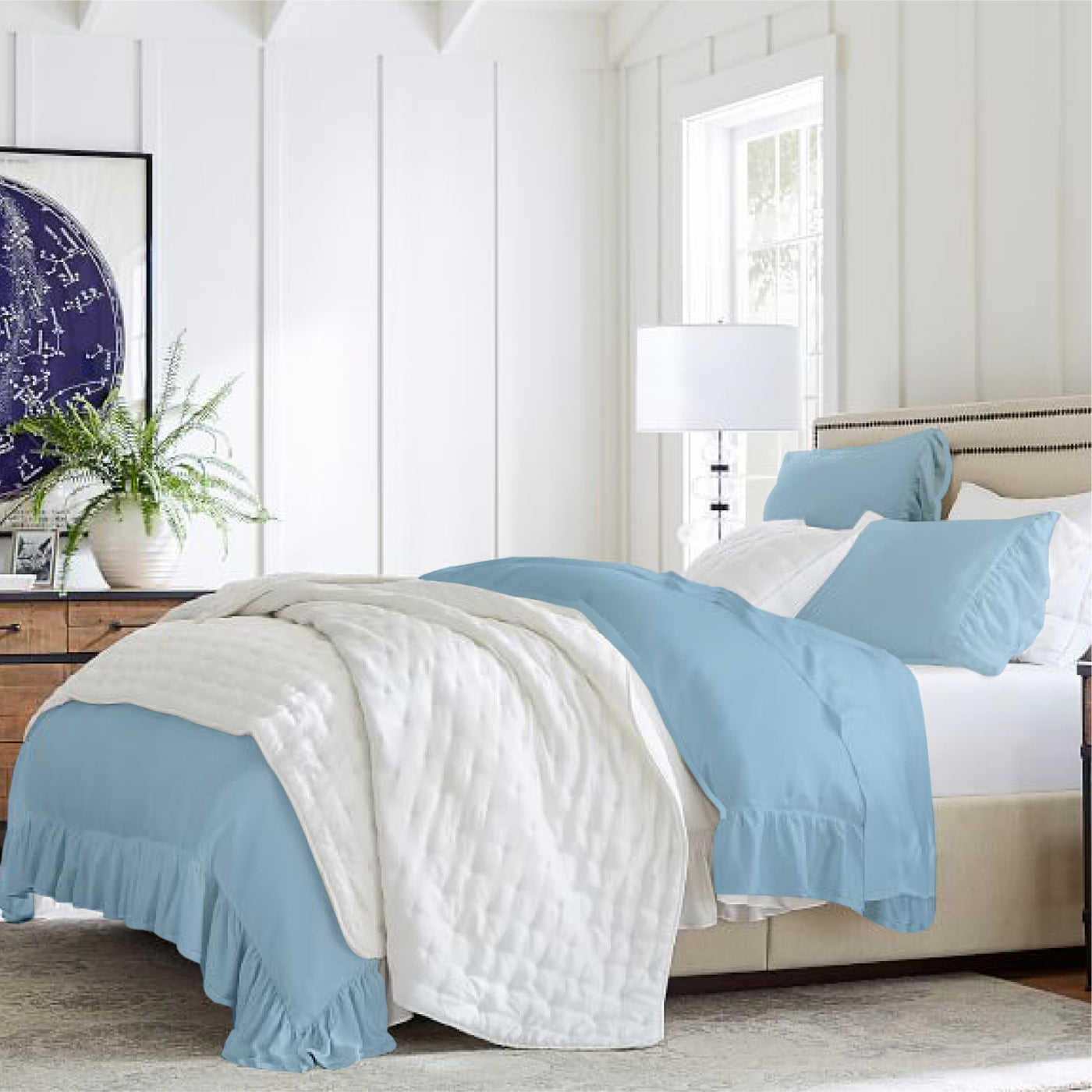 Ruffle Trim 300 TC Egyptian Cotton Duvet Cover Set - Sky Blue