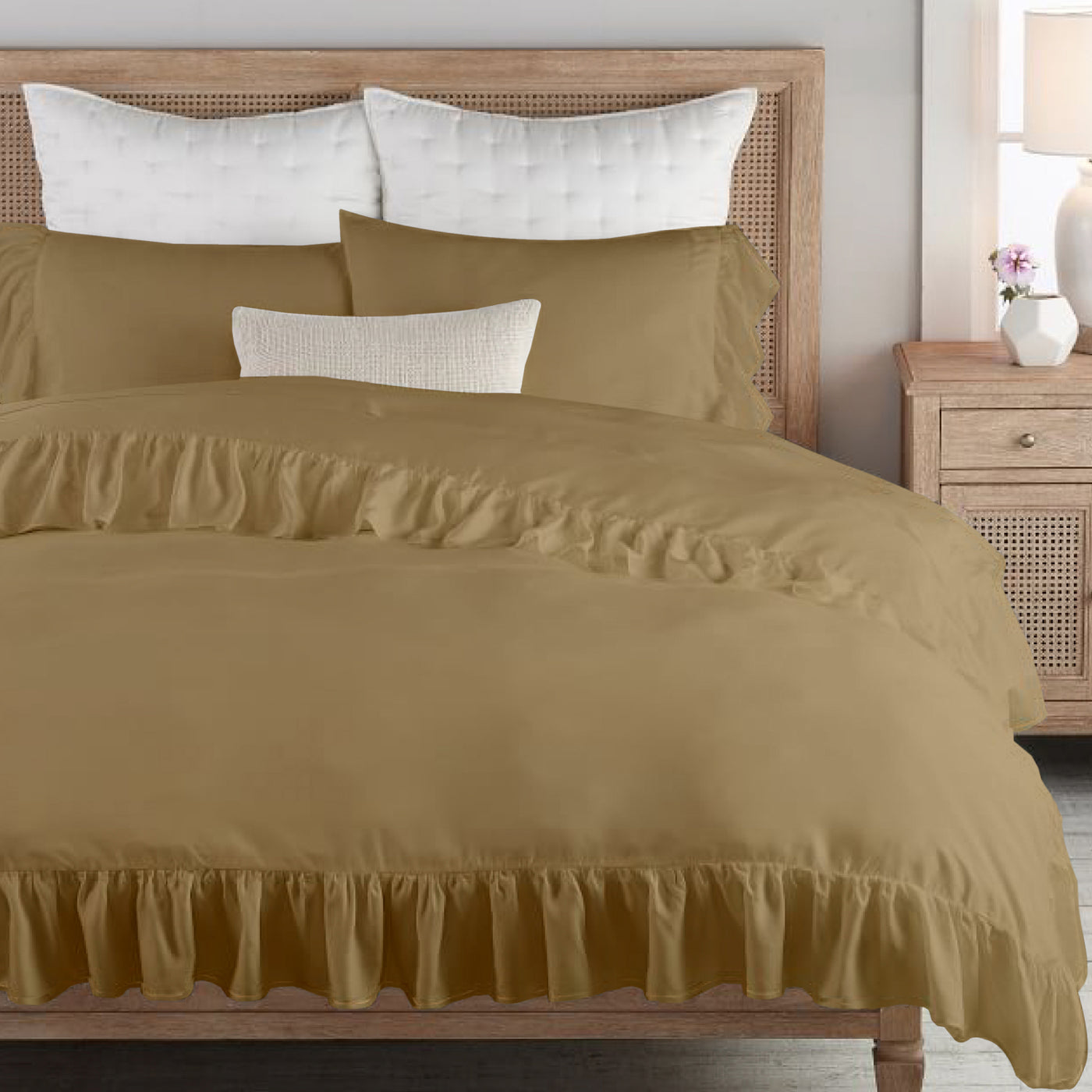 Ruffle Trim 300 TC Egyptian Cotton Duvet Cover Set - Taupe