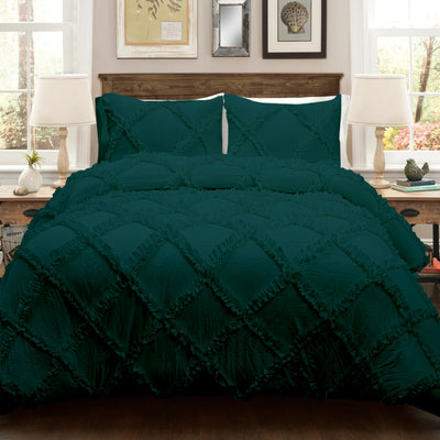 Cross Diamond Ruffle 300 TC Egyptian Cotton Duvet Cover Set - Teal