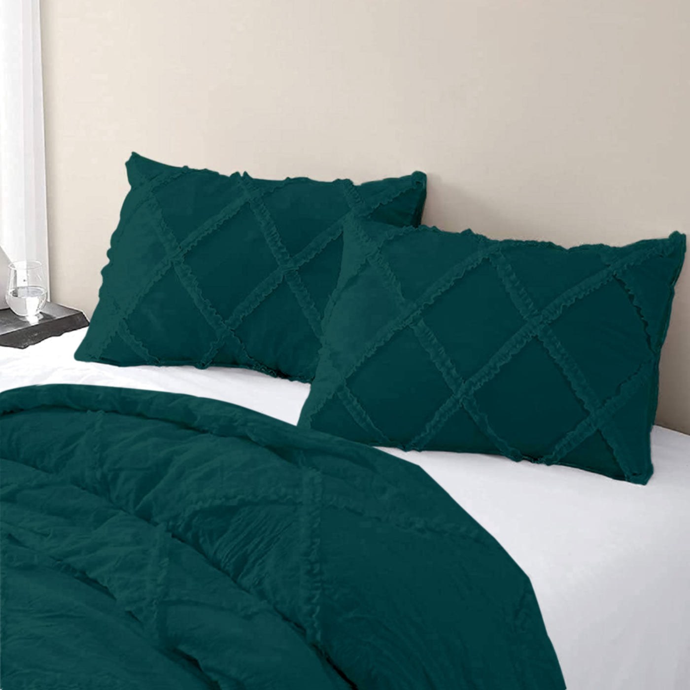 Cross Diamond Ruffle 300 TC Egyptian Cotton Duvet Cover Set - Teal