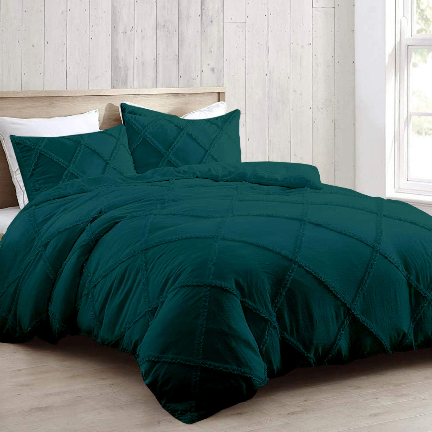 Cross Diamond Ruffle 300 TC Egyptian Cotton Duvet Cover Set - Teal