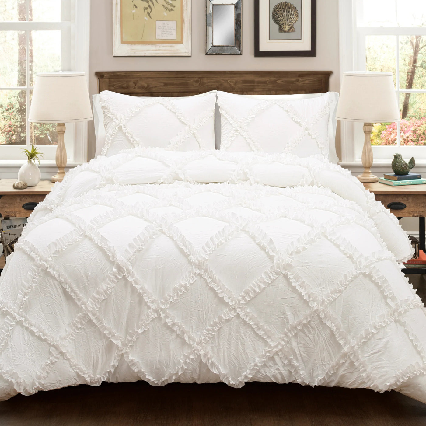 Cross Diamond Ruffle 300 TC Egyptian Cotton Duvet Cover Set - White