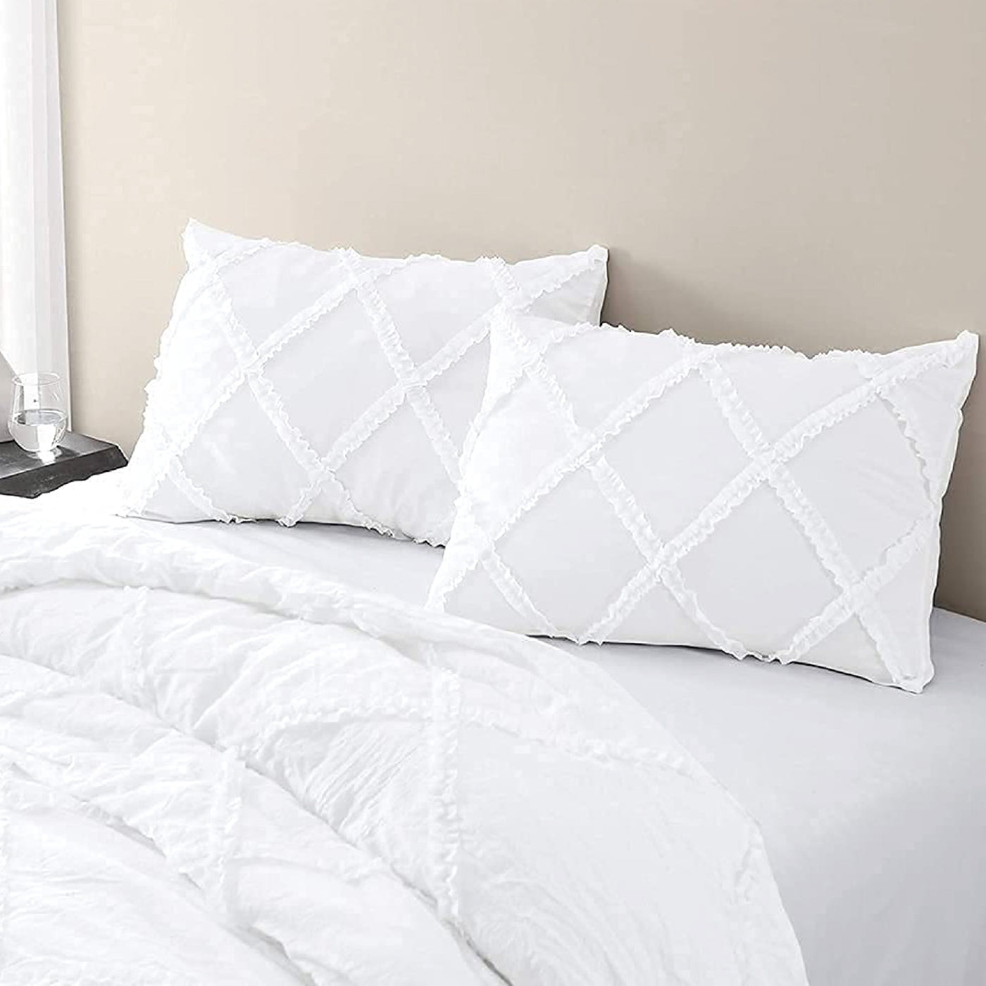 Cross Diamond Ruffle 300 TC Egyptian Cotton Duvet Cover Set - White