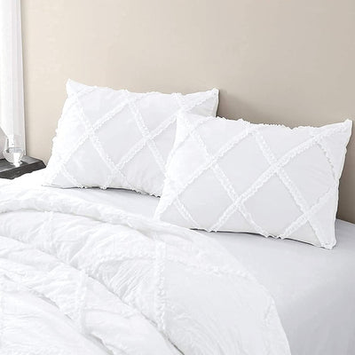 Cross Diamond Ruffle 300 TC Egyptian Cotton Duvet Cover Set - White