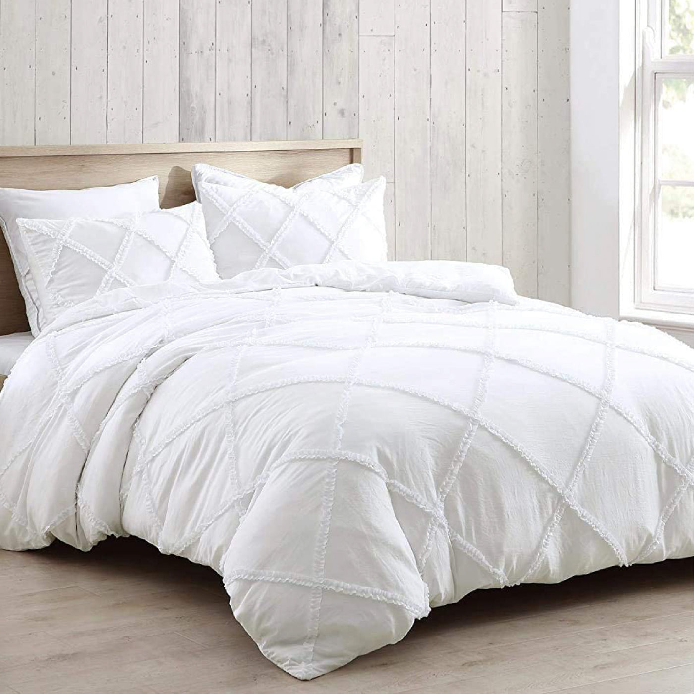 Cross Diamond Ruffle 300 TC Egyptian Cotton Duvet Cover Set - White