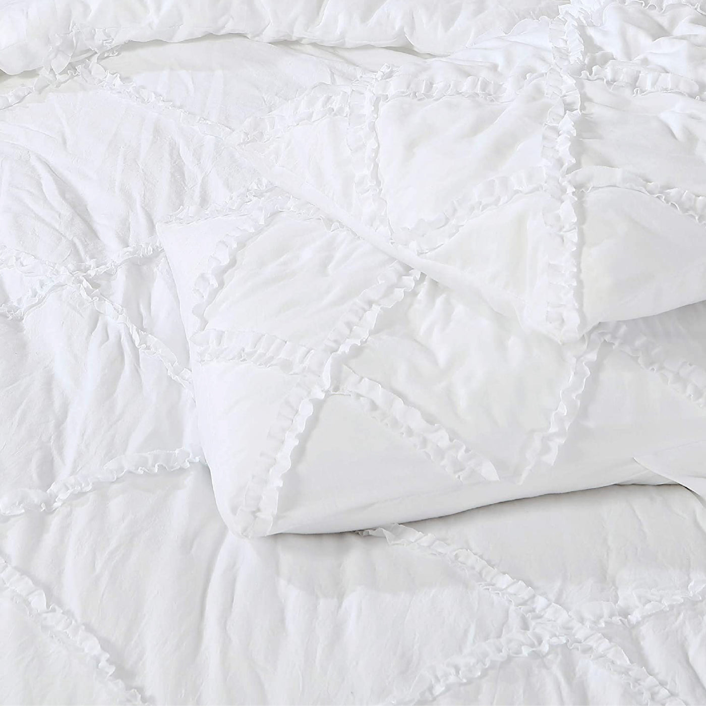 Cross Diamond Ruffle 300 TC Egyptian Cotton Duvet Cover Set - White