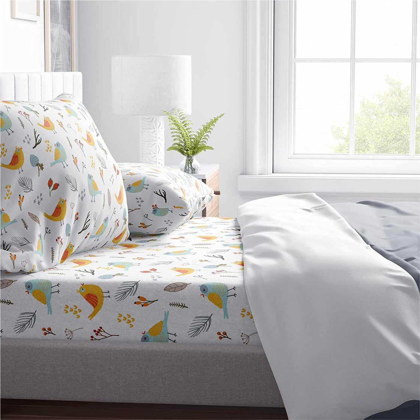 Printed 300 TC Egyptian Cotton Fitted Bed Sheet Set - Forest Birds