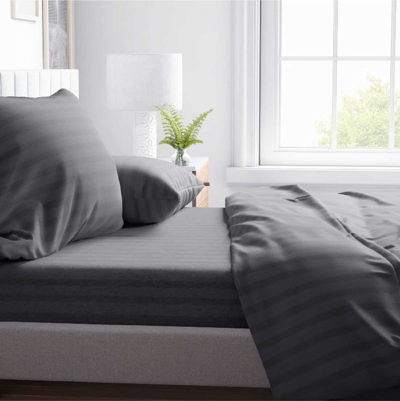 Striped 300 TC Egyptian Cotton Fitted Bed Sheet Set - Grey