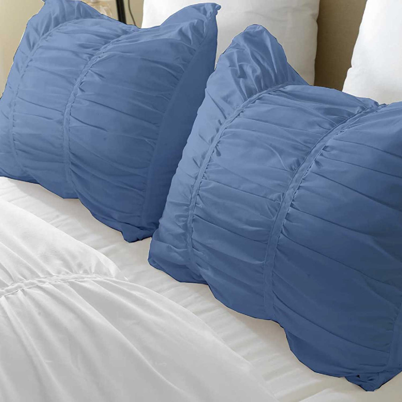 Set Of 2 - 300 TC Egyptian Cotton Ruched Pillow Covers - Medium Blue
