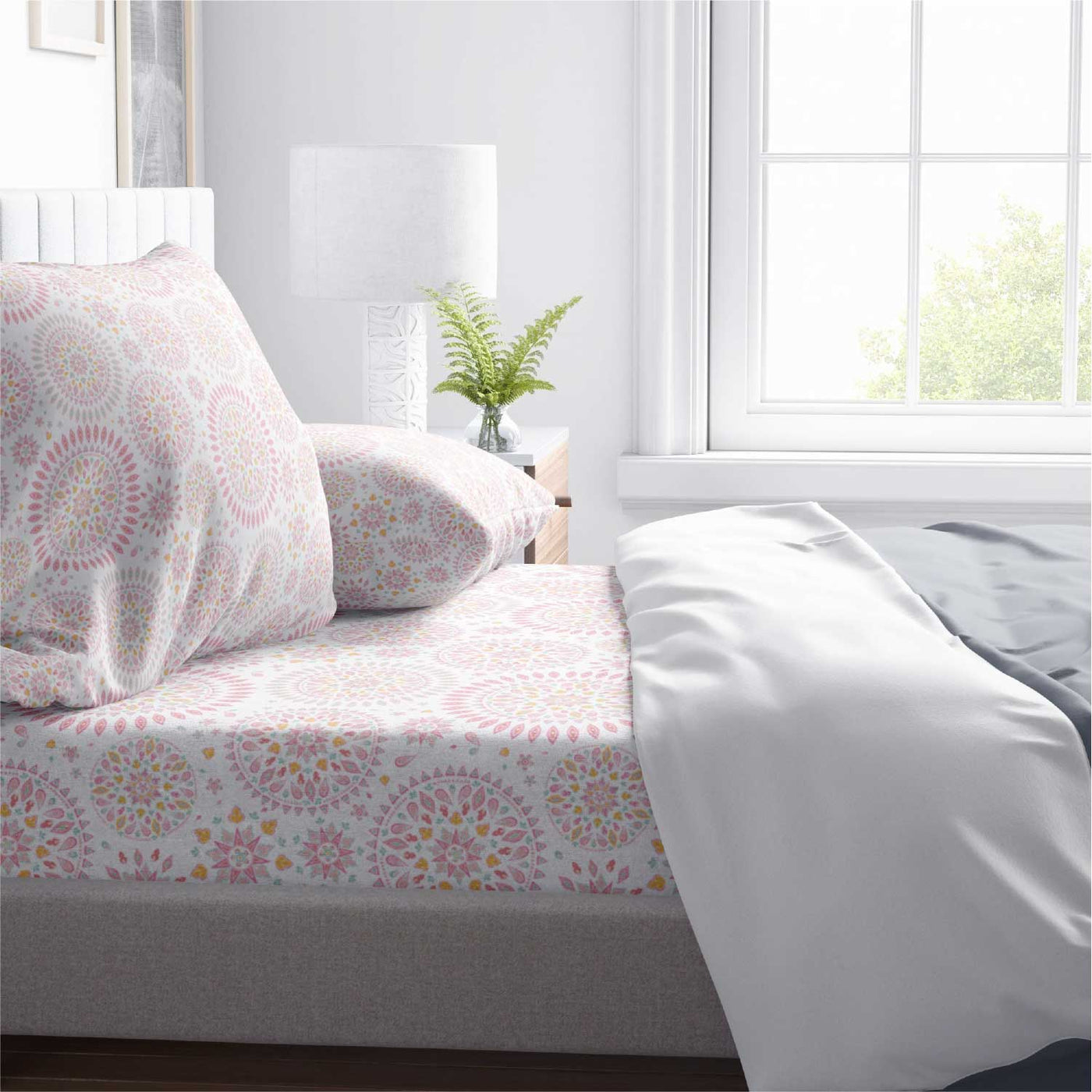 Printed 300 TC Egyptian Cotton Fitted Bed Sheet Set - Mandala