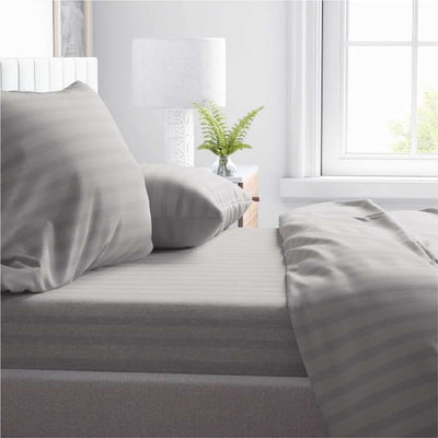 Striped 300 TC Egyptian Cotton Fitted Bed Sheet Set - Silver