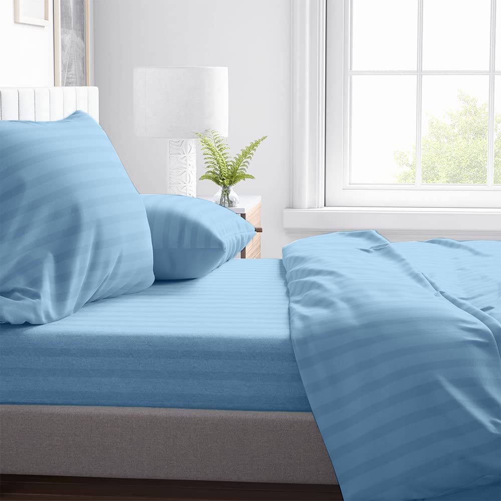 Striped 300 TC Egyptian Cotton Fitted Bed Sheet Set - Sky Blue