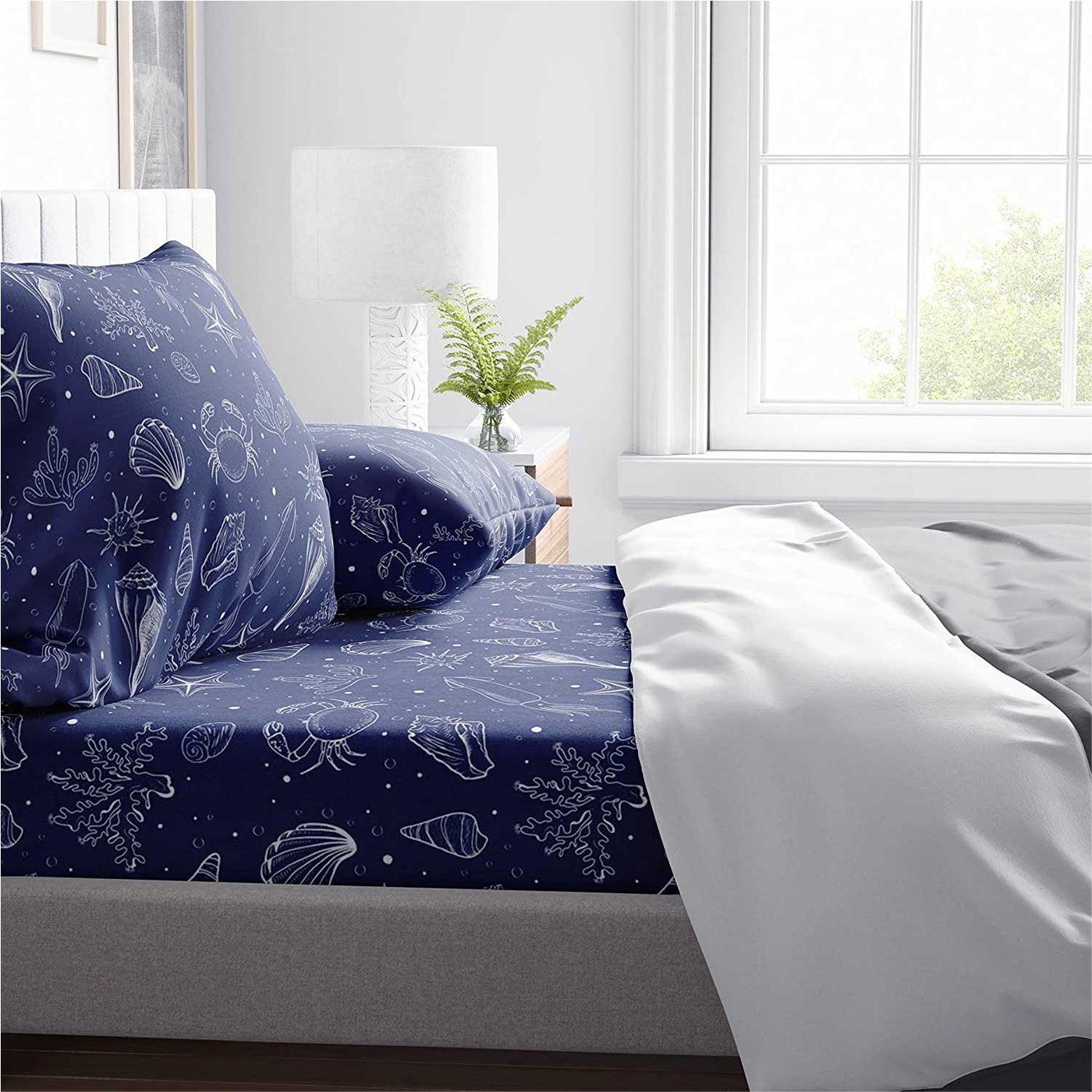 Printed 300 TC Egyptian Cotton 3 Piece Fitted Bed Sheet Set Winter Edition - Twilight Ocean