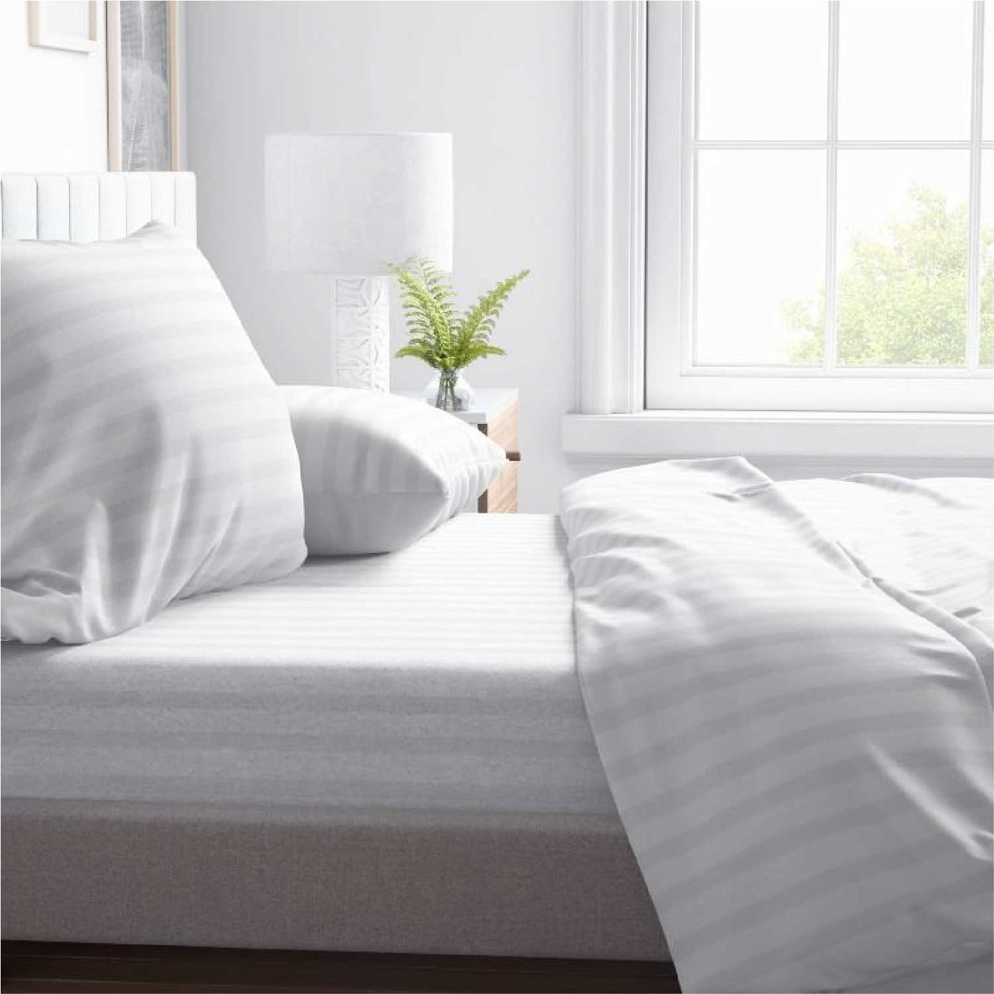 Striped 300 TC Egyptian Cotton Fitted Bed Sheet Set - White