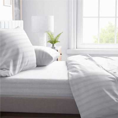 Striped 300 TC Egyptian Cotton Fitted Bed Sheet Set - White
